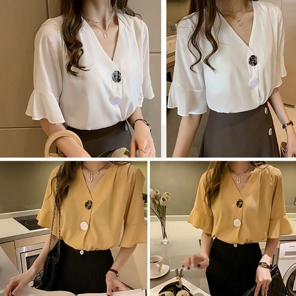 2021 women fashion chiffon blouse v neck short sleeve beach button shirts summer casual loose, White
2021 women fashion chiffon blouse v neck short sleeve beach button shirts summer casual loose, White