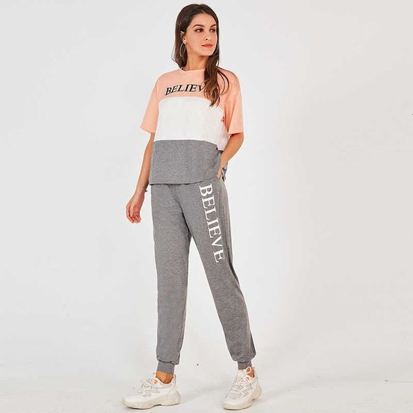 women's two piece pants summer ladies fashion short sleeve t-shirt college style color matching printing trend loose sports wind, White
women's two piece pants summer ladies fashion short sleeve t-shirt college style color matching printing trend loose sports wind, White
