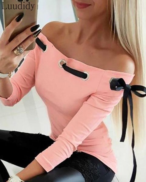 women's t-shirt women off shoulder ribbon lace-up long sleeve eyelet bowknot basic top, White
women's t-shirt women off shoulder ribbon lace-up long sleeve eyelet bowknot basic top, White