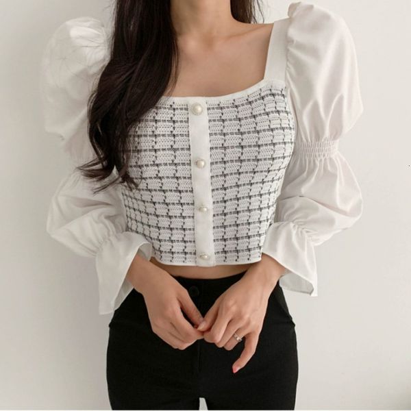 2021 autumn casual knitted patchwork shirt for women square collar slim fit short blouse flare sleeve femme blusas vy21, Blue
2021 autumn casual knitted patchwork shirt for women square collar slim fit short blouse flare sleeve femme blusas vy21, Blue