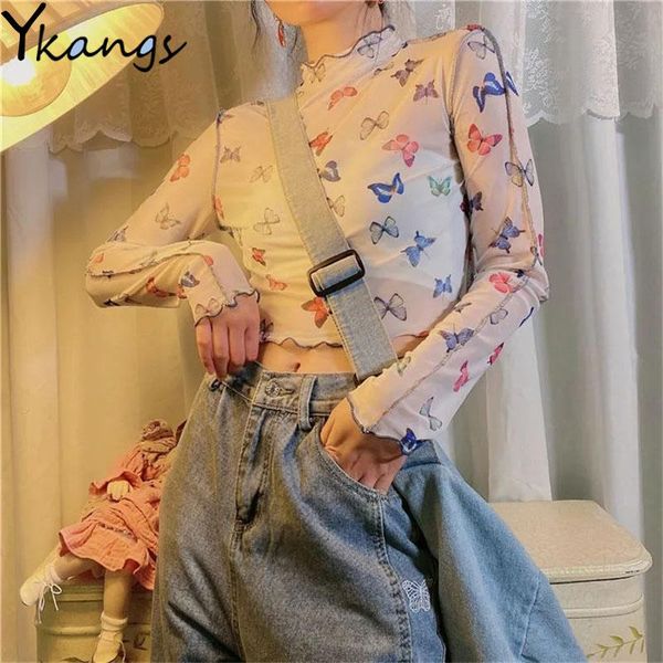 women's t-shirt women butterfly mesh perspective long sleeve crop print aesthetic fashion see through lace turtleneck female, White
women's t-shirt women butterfly mesh perspective long sleeve crop print aesthetic fashion see through lace turtleneck female, White