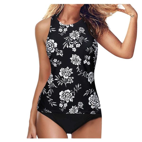 women's swimwear summer swimsuit fashion tankini high waist neck printed suspenders belly control two-piece beachwear, White;black
women's swimwear summer swimsuit fashion tankini high waist neck printed suspenders belly control two-piece beachwear, White;black