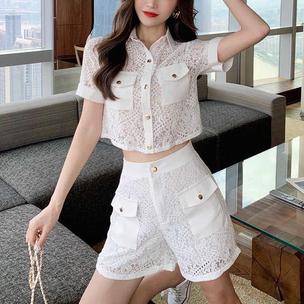 summer white embroidery lace hollow out two piece set women turn down collar shirt and high waist shorts outfits 210526
summer white embroidery lace hollow out two piece set women turn down collar shirt and high waist shorts outfits 210526