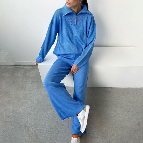 women's two piece pants conkor fashion loose turn down collar pullover suits women elegant zipper knitted suit wide leg ladies, White
women's two piece pants conkor fashion loose turn down collar pullover suits women elegant zipper knitted suit wide leg ladies, White