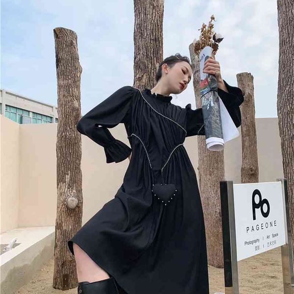 casual dresses pearl puff sleeve ruched women autumn winter black ruffle a line long designer ladies korean fashion v49e, Black;gray
casual dresses pearl puff sleeve ruched women autumn winter black ruffle a line long designer ladies korean fashion v49e, Black;gray