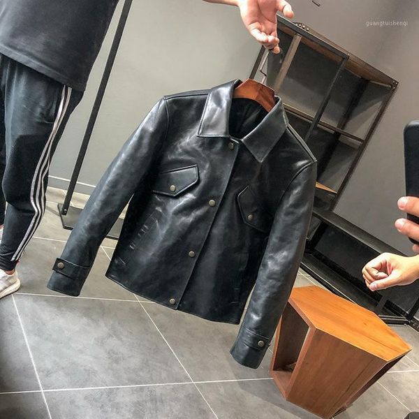 men's leather & faux cattle raising must store the first layer of oil wax retro locomotive style short jacket, Black
men's leather & faux cattle raising must store the first layer of oil wax retro locomotive style short jacket, Black