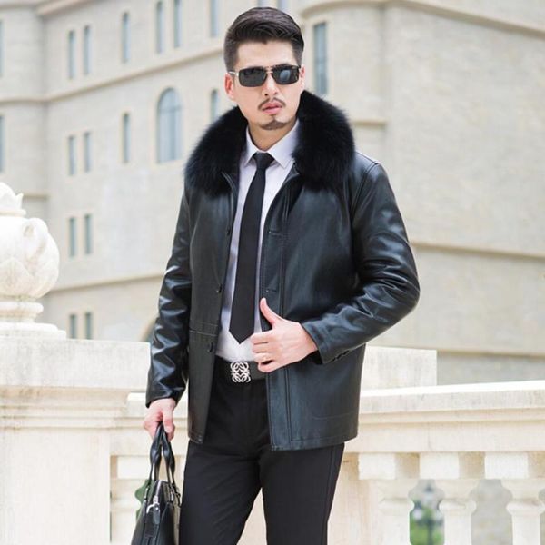 men's fur & faux leather jacket 2021 winter male one long sheep and wool plus size 5xl 4xl, Black