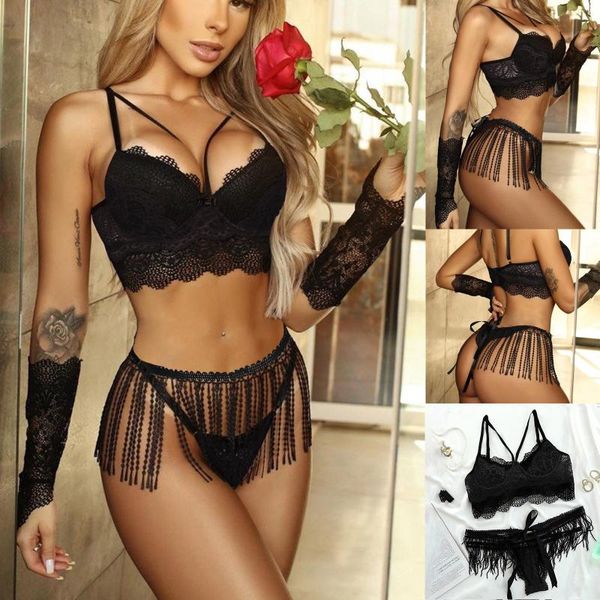 women's swimwear bra set underwear fashion crochet lace color block lingerie with tassel skirt & gloves female 2021, White;black
women's swimwear bra set underwear fashion crochet lace color block lingerie with tassel skirt & gloves female 2021, White;black
