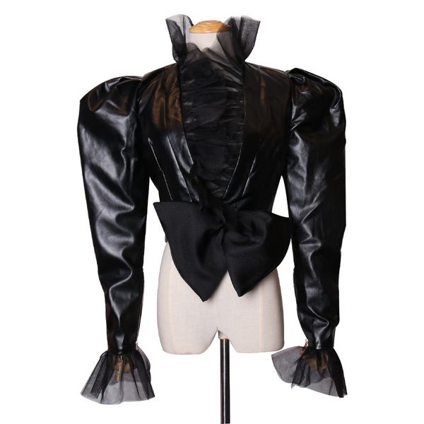 patchwork mesh pu leather womens jackets v neck puff long sleeve high waist slim bow coat female 2020 fashion tide, Black;brown
patchwork mesh pu leather womens jackets v neck puff long sleeve high waist slim bow coat female 2020 fashion tide, Black;brown