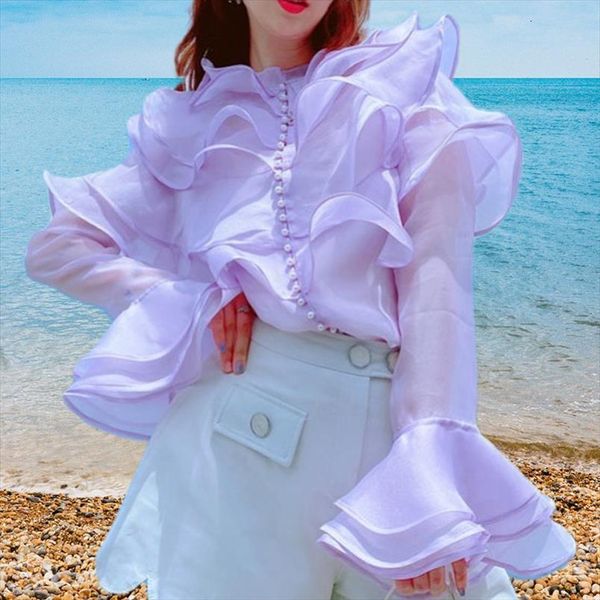 fashion sweet organza violet women blouses autumn single breasted pearl layers ruffles mesh loose shirt, White
fashion sweet organza violet women blouses autumn single breasted pearl layers ruffles mesh loose shirt, White