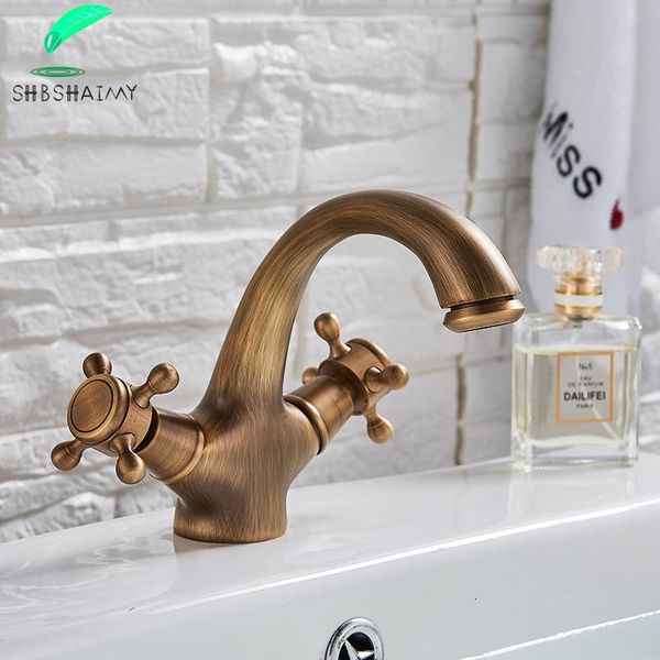 bathroom sink faucets shbshaimy modern deck mounted antique brass basin faucet dual handles mixer and cold water tap