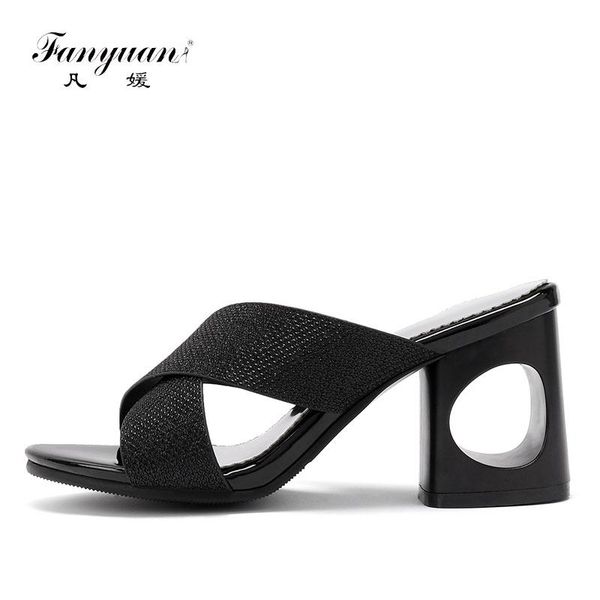 dress shoes 2021 fashion summer mules women fretwork high heels slippers woman big size 32-48, Black