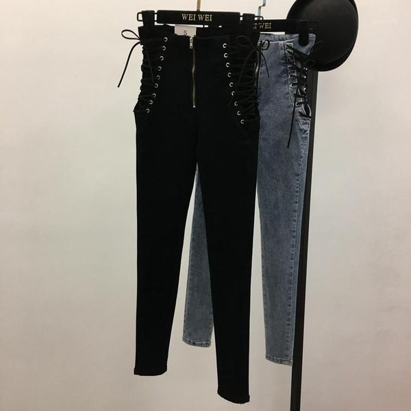 net red high waist strap zipper jeans female spring korean version of the large size slim pencil feet pants women's, Blue
net red high waist strap zipper jeans female spring korean version of the large size slim pencil feet pants women's, Blue