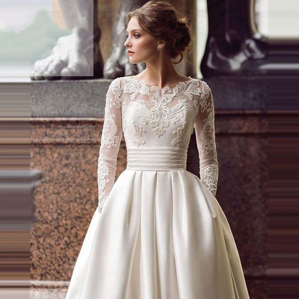 simple lace satin wedding dresses with pocket long sleeves zipper sheer back vintage ivory 2021 bride dress a-line robe mariee dentelle, White
simple lace satin wedding dresses with pocket long sleeves zipper sheer back vintage ivory 2021 bride dress a-line robe mariee dentelle, White
