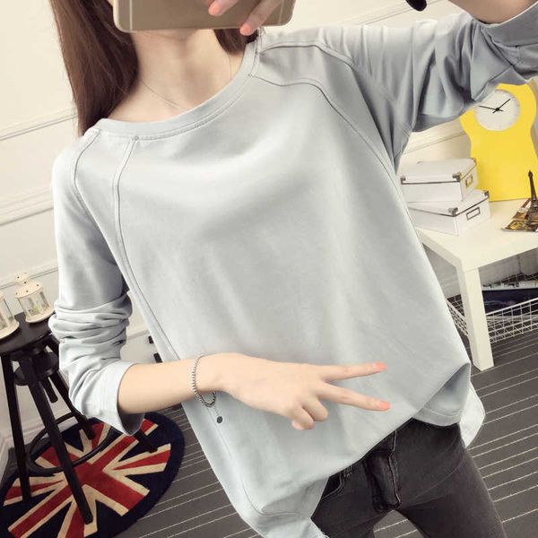 loose long new sleeve t-shirt women's cotton one line collar stitched base shirt large stretch solid color 500, White
loose long new sleeve t-shirt women's cotton one line collar stitched base shirt large stretch solid color 500, White