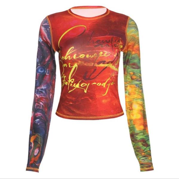 women's t-shirt autumn fashion round neck long-sleeved umbilical printed slim-fit mesh, White
women's t-shirt autumn fashion round neck long-sleeved umbilical printed slim-fit mesh, White