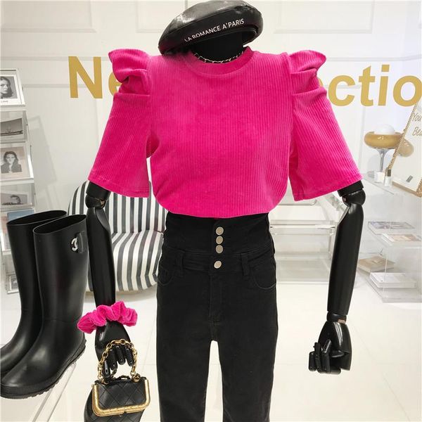 women's t-shirt temperament sweet bubble sleeve round neck spring 2021 design corduroy short, White
women's t-shirt temperament sweet bubble sleeve round neck spring 2021 design corduroy short, White