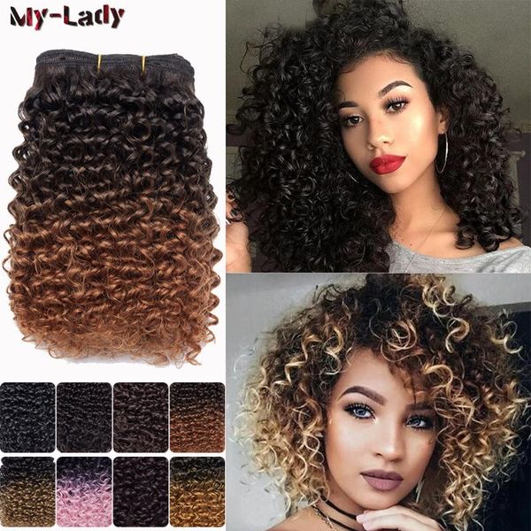 human ponytails my-lady 8inch ombre kinky curly bundles synthetic hair extensions brazilian crochet wholesale for black women