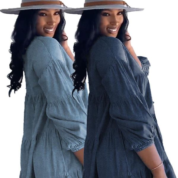 casual dresses three quarter sleeve lantern mini dress ruffle blue loose autumn elegant vintage denim, Black;gray 
casual dresses three quarter sleeve lantern mini dress ruffle blue loose autumn elegant vintage denim, Black;gray