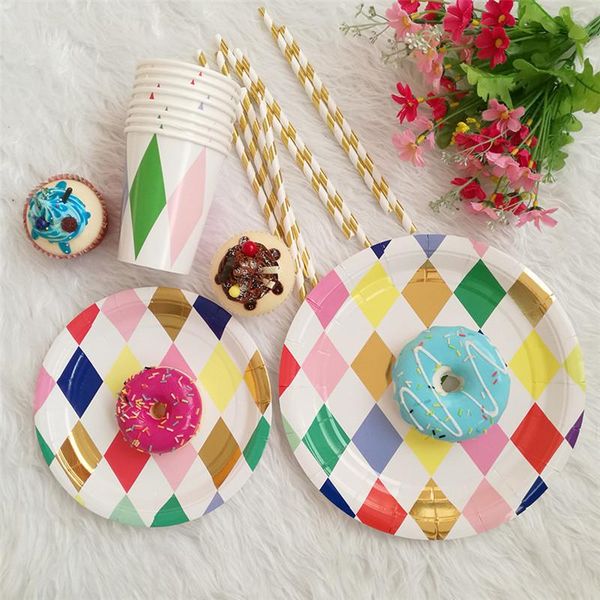 disposable dinnerware 8pcs/bag colorful rhombus tableware set paper plates cups birthday party xmas festival supplies
disposable dinnerware 8pcs/bag colorful rhombus tableware set paper plates cups birthday party xmas festival supplies
