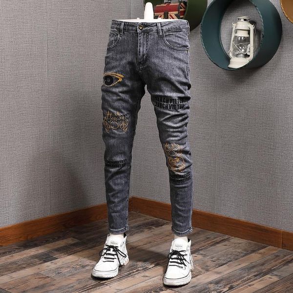 men's jeans summer thin dark gray embroidery men fashion slim fit straight pants denim trousers, Blue
men's jeans summer thin dark gray embroidery men fashion slim fit straight pants denim trousers, Blue