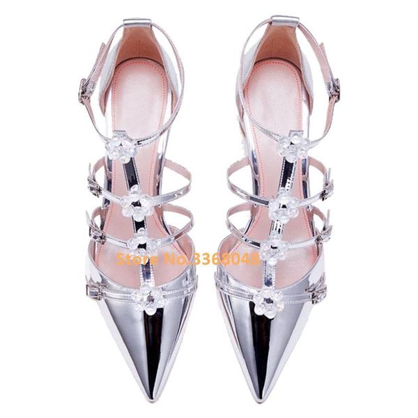 dress shoes mirror ladies pointed toe multi-buckle t strap solid silver nude red block heel pumps casual party crystal, Black