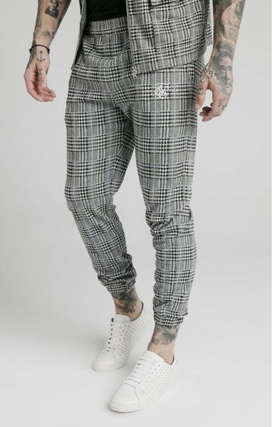 men's pants siksilk checkered striped slim fit sweatpants, Black