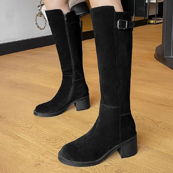 women's natural suede leather chunky heel round toe metal buckle black slim knee high boots soft comfortable shoes
women's natural suede leather chunky heel round toe metal buckle black slim knee high boots soft comfortable shoes