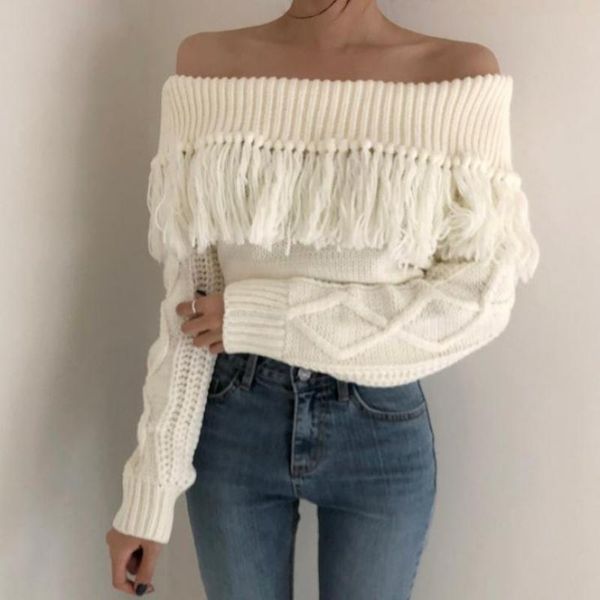 women's sweaters autumn/winter women sweater pull off shoulder tassel pullover korean chic french design slash neck slim knit jumper, White;black
women's sweaters autumn/winter women sweater pull off shoulder tassel pullover korean chic french design slash neck slim knit jumper, White;black