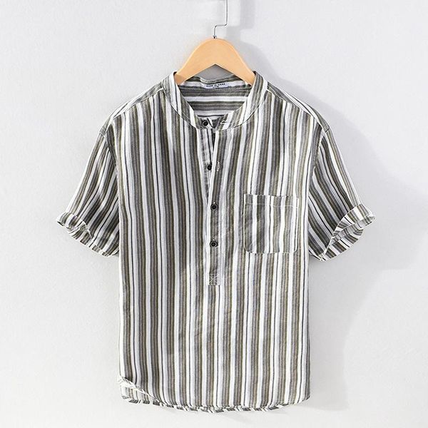 2021 men's new linen printed striped shirt casual youth stand collar short sleeve summer linen shirt, White;black
2021 men's new linen printed striped shirt casual youth stand collar short sleeve summer linen shirt, White;black