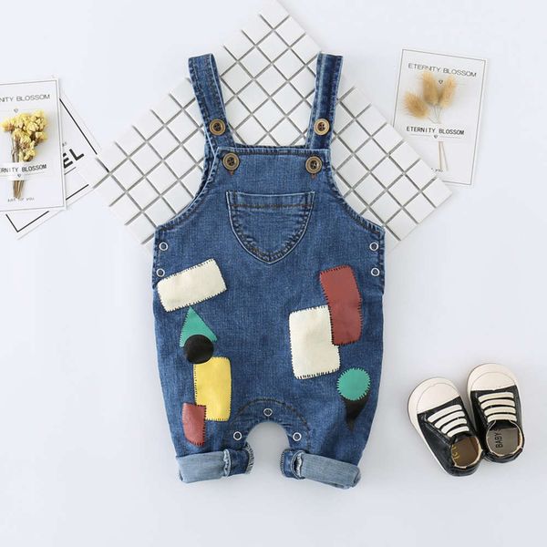 wear children's spring and autumn printed patch jeans, Blue 
wear children's spring and autumn printed patch jeans, Blue