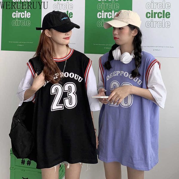 werueruyu loose mid-length casual sports basketball uniforms fake two-piece short-sleeved t-shirt student 210608, White
werueruyu loose mid-length casual sports basketball uniforms fake two-piece short-sleeved t-shirt student 210608, White