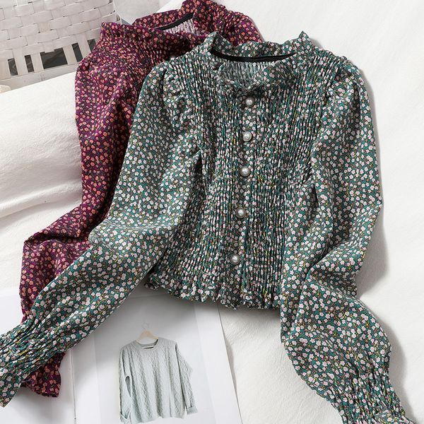 2021 sweet floral pritned corduroy blouse women elegant ruffle stand collar long sleeve short female single breasted shirt fall t9a7, Blue
2021 sweet floral pritned corduroy blouse women elegant ruffle stand collar long sleeve short female single breasted shirt fall t9a7, Blue