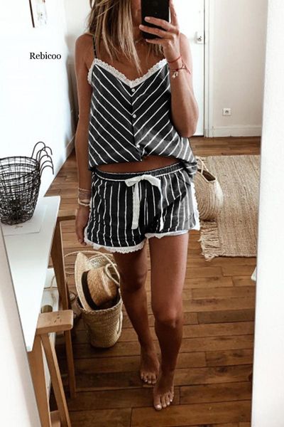 women's tracksuits summer pajamas suit comfortable breathable striped v-neck ladies home service, Gray
women's tracksuits summer pajamas suit comfortable breathable striped v-neck ladies home service, Gray