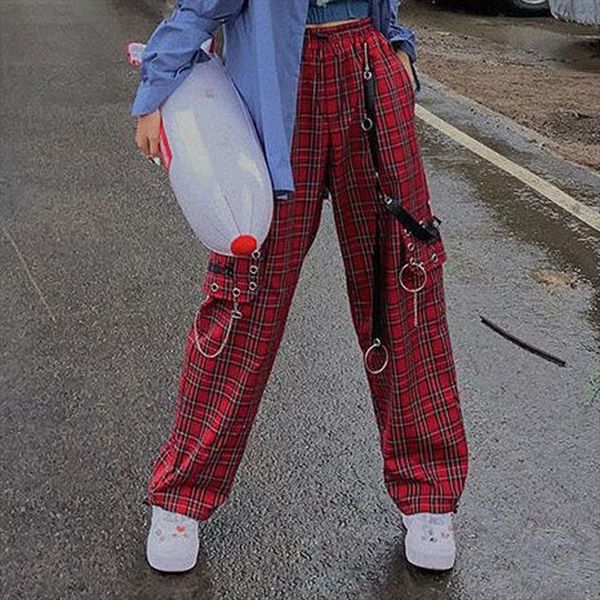 red plaid punk streetwear women pant high waist checked steampunk indie chain cargo grid for, Black;white
red plaid punk streetwear women pant high waist checked steampunk indie chain cargo grid for, Black;white