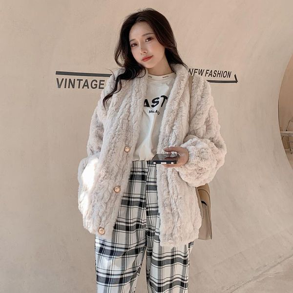 women's fur & faux korean female v-neck coat autumn winter loose casual single-breasted long sleeve women big pocket plush outwear, Black
women's fur & faux korean female v-neck coat autumn winter loose casual single-breasted long sleeve women big pocket plush outwear, Black