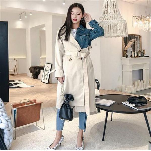 women's trench coats 2021 fashion persoanality denim patchwork double breasted overcoat female's full sleeve long jacket vestido, Tan;black
women's trench coats 2021 fashion persoanality denim patchwork double breasted overcoat female's full sleeve long jacket vestido, Tan;black