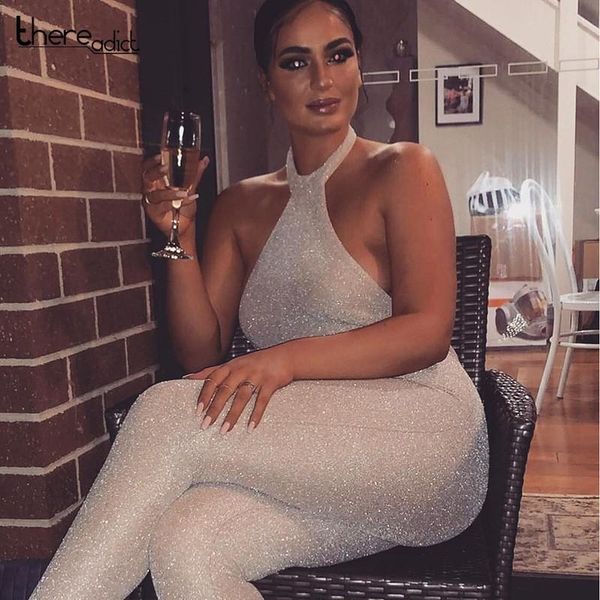 women's jumpsuits & rompers 2021 shiny open back club jumpsuit women halter bodycon sleeveless ankle length pink overalls, Black;white 
women's jumpsuits & rompers 2021 shiny open back club jumpsuit women halter bodycon sleeveless ankle length pink overalls, Black;white