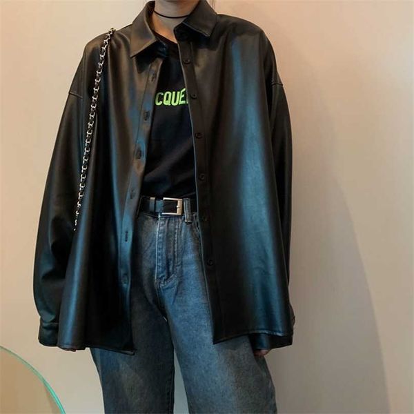 women oversized pu leather blouses spring autumn black faux leather basic coat turn-down collar motor biker jacket 211130
women oversized pu leather blouses spring autumn black faux leather basic coat turn-down collar motor biker jacket 211130