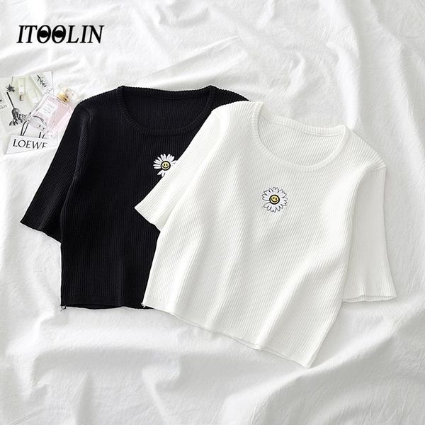 women's t-shirt harajuku t shirt crop embroidery daisy floral knitwear summer clothes for women rib graphic tee frau pullover cropped, White
women's t-shirt harajuku t shirt crop embroidery daisy floral knitwear summer clothes for women rib graphic tee frau pullover cropped, White
