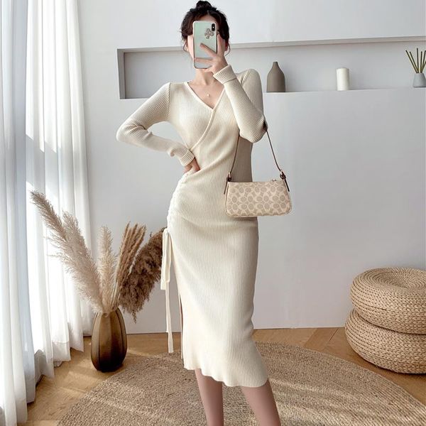 casual dresses v-neck knitted dress 2021 autumn winter women drawstring side split bodycon long sleeve slim vestidos female, Black;gray
casual dresses v-neck knitted dress 2021 autumn winter women drawstring side split bodycon long sleeve slim vestidos female, Black;gray