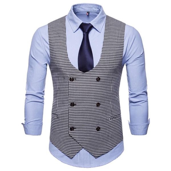 men's vests 2021 spring autumn man's vest vintage waistcoat men suit u-shaped collar houndstooth casual male clothing, Black;white
men's vests 2021 spring autumn man's vest vintage waistcoat men suit u-shaped collar houndstooth casual male clothing, Black;white