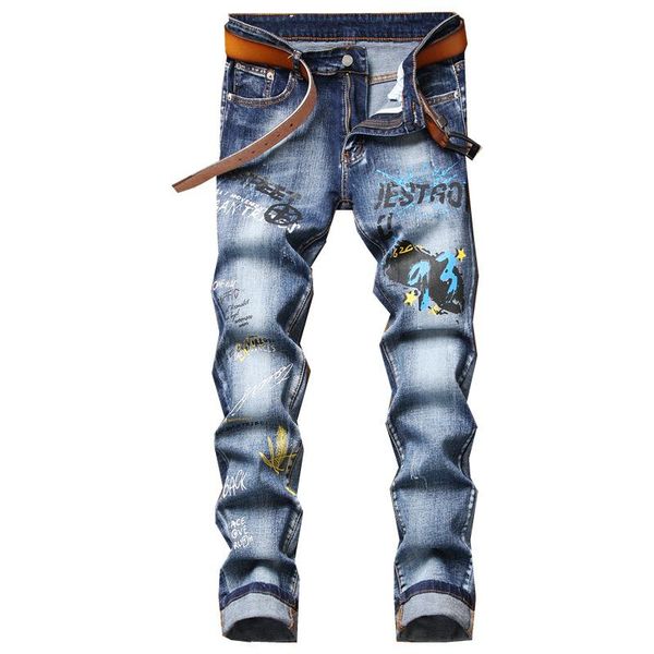 men's jeans 2021 straight offspring embroidered cat beard white slim micro-elastic denim trendy trousers, Blue
men's jeans 2021 straight offspring embroidered cat beard white slim micro-elastic denim trendy trousers, Blue
