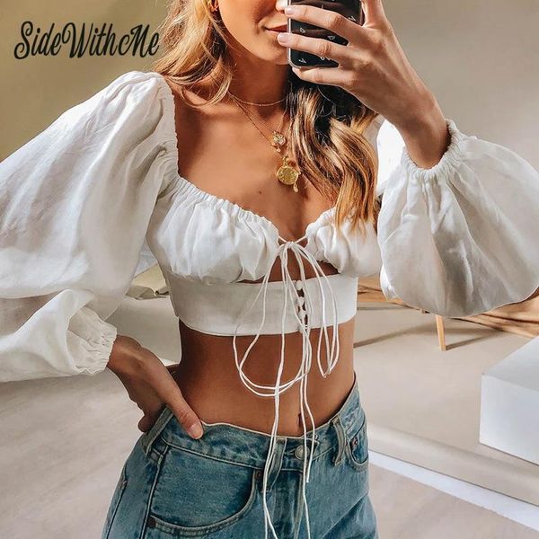 women's blouses & shirts vintage women shirt fashion puff sleeve v-neck female lace up short style ladies solid streetwear, White
women's blouses & shirts vintage women shirt fashion puff sleeve v-neck female lace up short style ladies solid streetwear, White