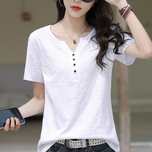 women's t-shirt cotton short sleeve women oversized loose v-neck solid color clothes button woman t-shirts, White
women's t-shirt cotton short sleeve women oversized loose v-neck solid color clothes button woman t-shirts, White