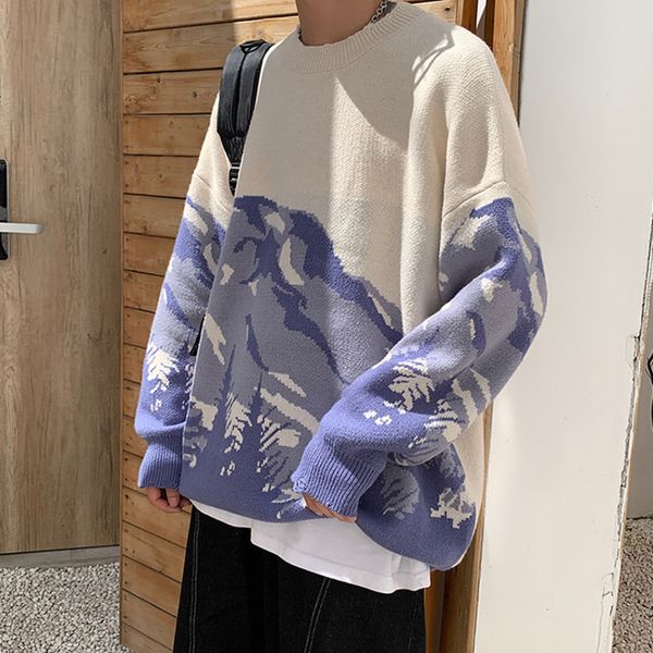 men's sweaters korean landscape pattern knitted sweater for men oversized pullovers 2021 streetwear man casual jumpers clothing z0, White;black