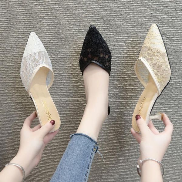 women's sandals 2021 summer style all-match lace half-drag high-heeled sandals pointed toe women's shoes stiletto half-slippers, Black
women's sandals 2021 summer style all-match lace half-drag high-heeled sandals pointed toe women's shoes stiletto half-slippers, Black