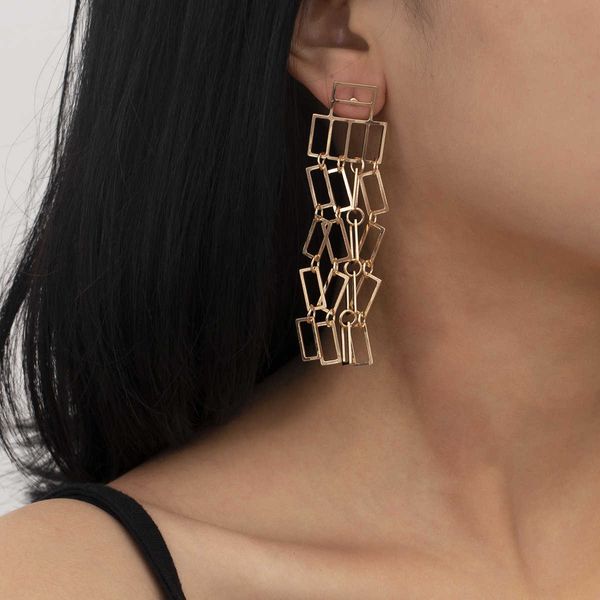 jewelry simple handmade geometric copper female personality punk square tassel hollow earrings, Silver