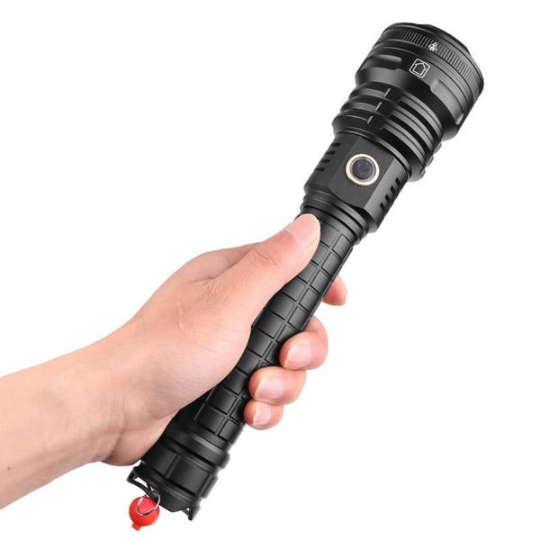

flashlights torches 200000lm xhp90 portable led tactical waterproof torch 5 lighting modes zoom built-in lamp use 26650 battery
