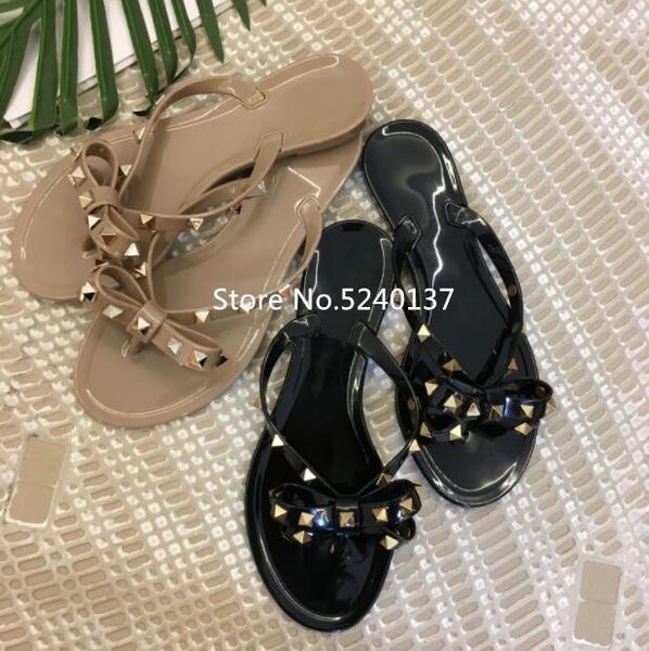 slippers summer fashion design rivets butterfly-knot women outside flat casual flip flops, Black